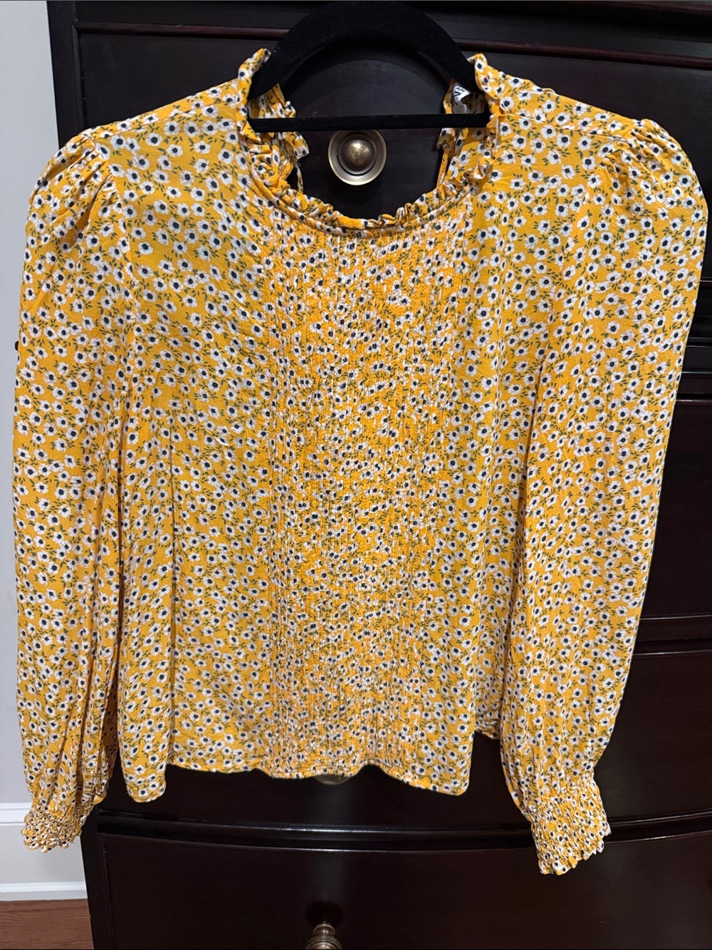 Zara Yellow Floral Smocked Long-Sleeve Blouse